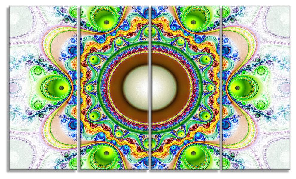 Green Fractal Circles and Waves, Abstract Canvas Art Print, 48"x28", 4 Panels