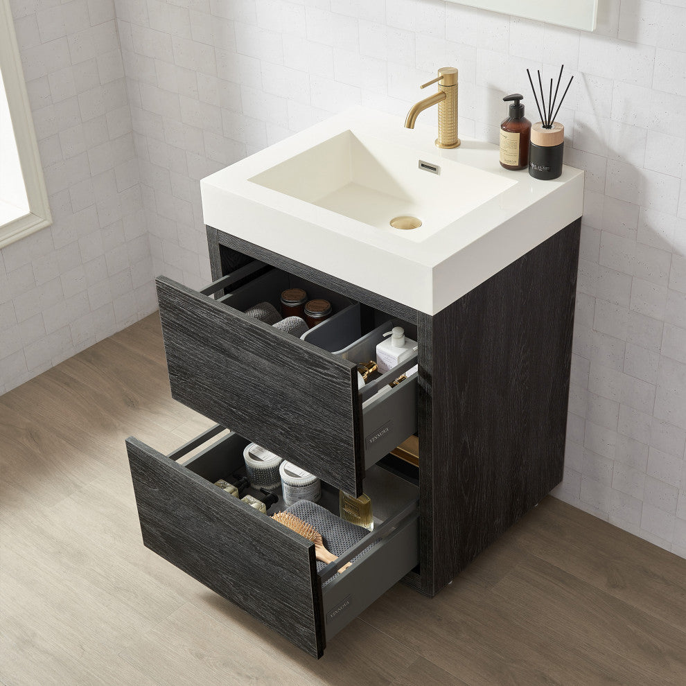 Huesca Bath Vanity, Integrated Sink Top, North American Black Oak, 24", Without Mirror