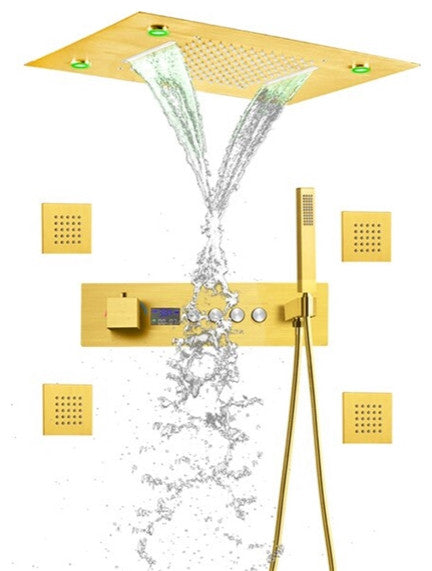 Led Waterfall Rainfall Shower System, Body Jets and Hand Shower, Gold