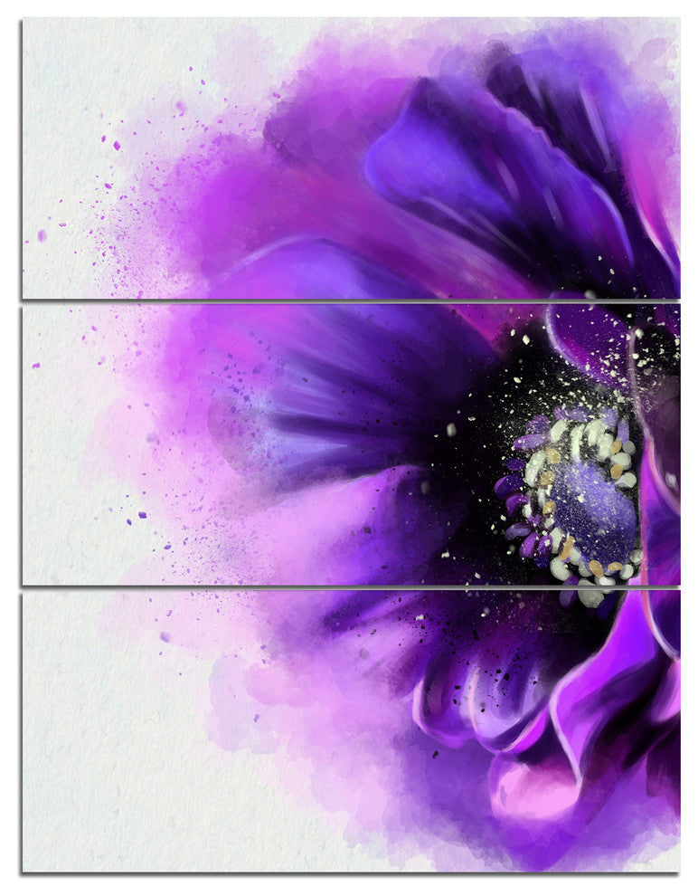Purple Stylized Watercolor Poppy, Floral Triptych Canvas Print, 28x36, 3 Panels