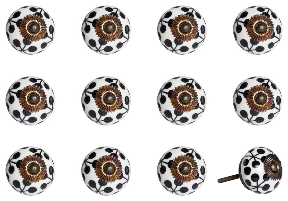 Knob-It Vintage Handpainted Ceramic Knobs, Set of 12, Black/White/Copper