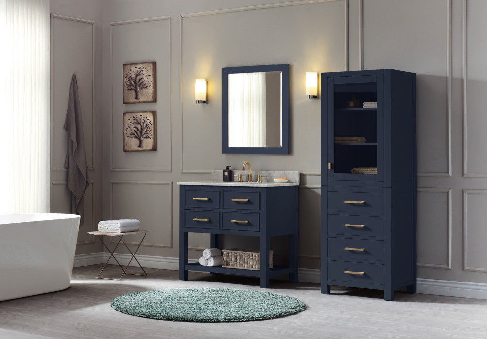Avanity Brooks Bath Vanity, Navy Blue With Top and Sink, 36", Carrara White Marb