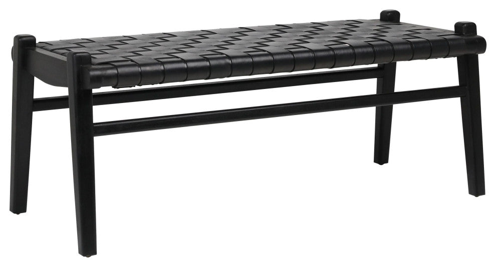 Alora 45" Teak and Black Woven Leather Bench