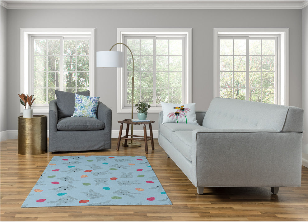 Bunnies and Eggs Easter Chenille Rug, After Rain Blue, 4'x6'