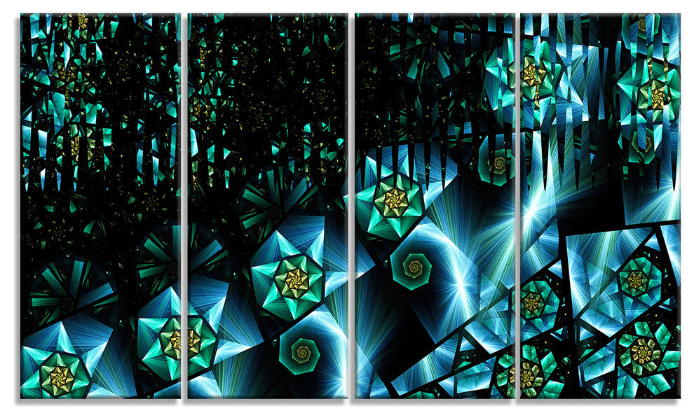Bright Blue Fractal Flowery Sky, Abstract Wall Art Canvas, 48"x28", 4 Panels