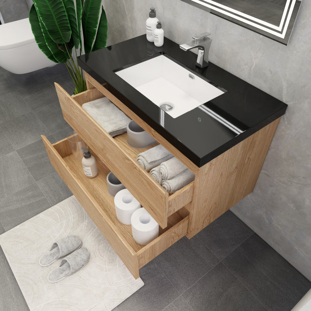 Belli 36" Wall Mounted Single Bathroom Vanity Set, England Oak, Matt Black Top