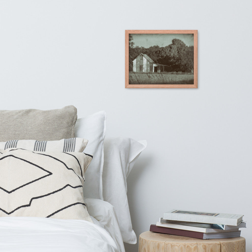 Patriotic Barn in Field Vintage Black and White Framed Photo Wall Art Print, Red Oak, 11" X 14"