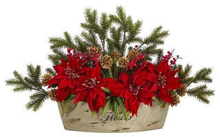 25" Poinsettia, Succulent and Pine Artificial Arrangement, Decorative Vase
