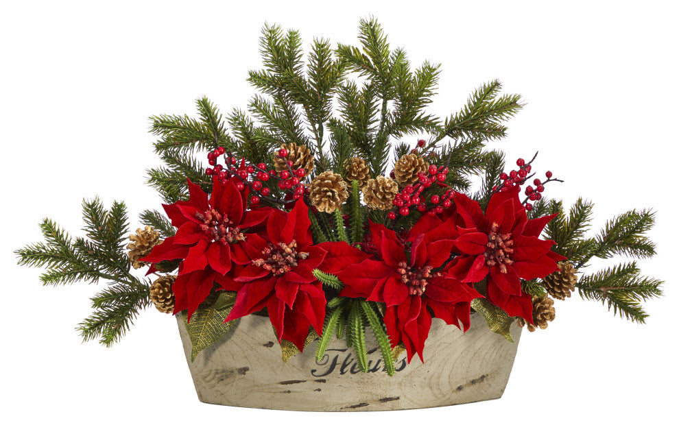 25" Poinsettia, Succulent and Pine Artificial Arrangement, Decorative Vase