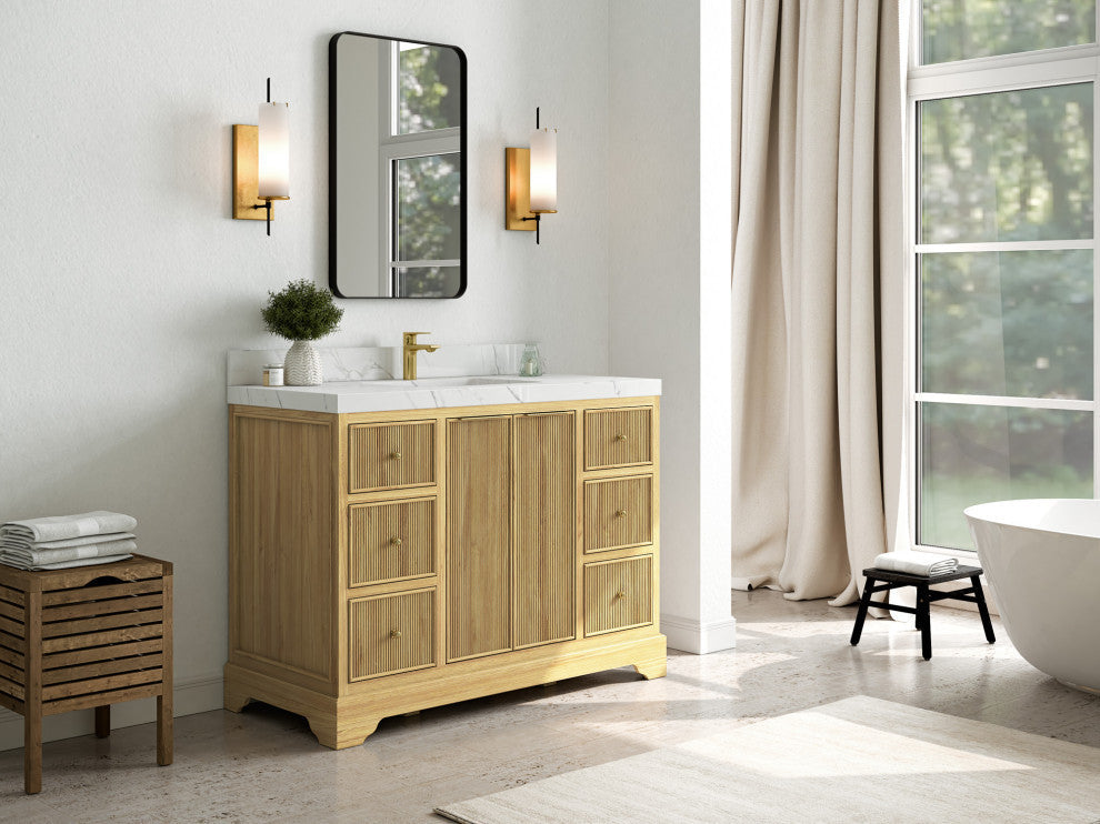 Austin 48 Single Sink Bath Vanity in Light Natural Teak 2" Carrara Marble