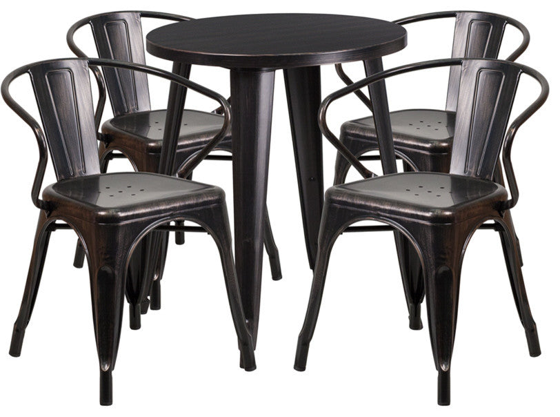 24" Round Black-Antique Gold Metal Indoor-Outdoor Table Set with 4 Arm Chairs