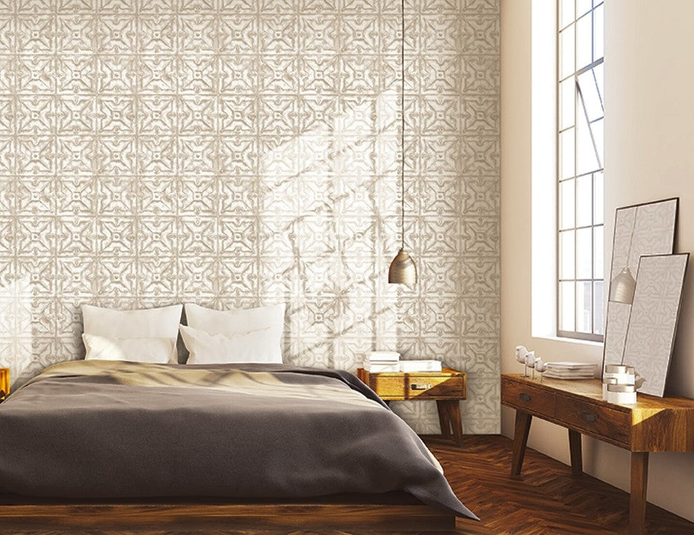 Natural Faux 2, Modern Geometric Stone Wood Rustic Wallpaper, Cream, Sample