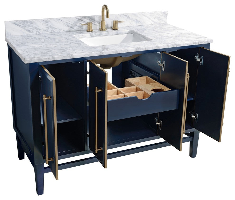 Mason 49" Vanity Combo, Navy Blue, Matte Gold Hardware / Natural 1" Carrara White Marble Countertop and Backsplash