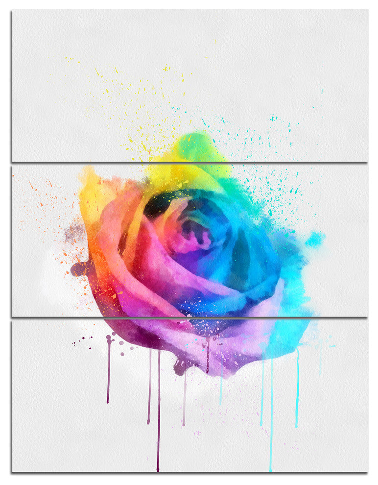 Multicolor Watercolor Rose Flower, Floral Triptych Canvas Print, 28x36, 3 Panels