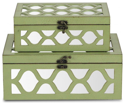 Set of Green Quatrefoil Mirror Jewelry Storage Boxes