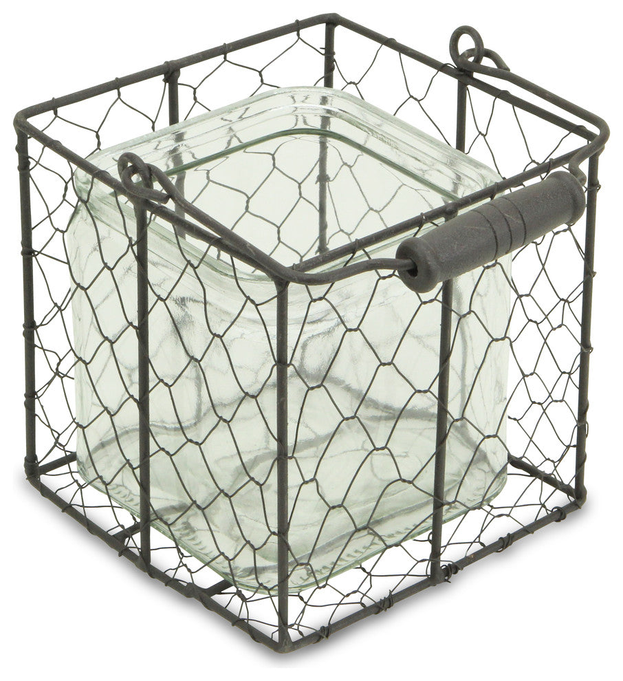 Square Wire Basket With Glass Jar, Brown, Large, Large