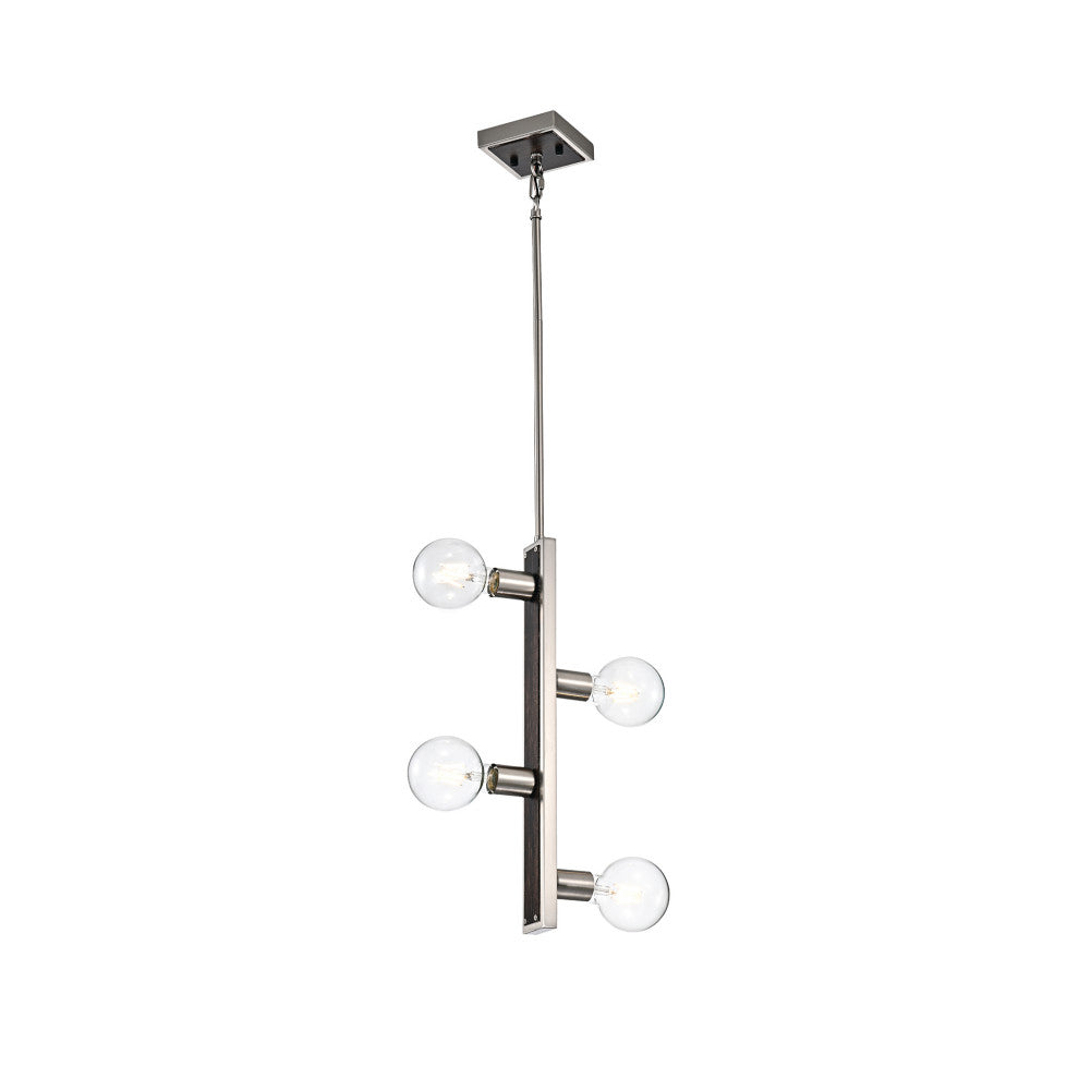 4-Light Brushed Nickel and Wood Finish Vertical Linear Industrial Pendant