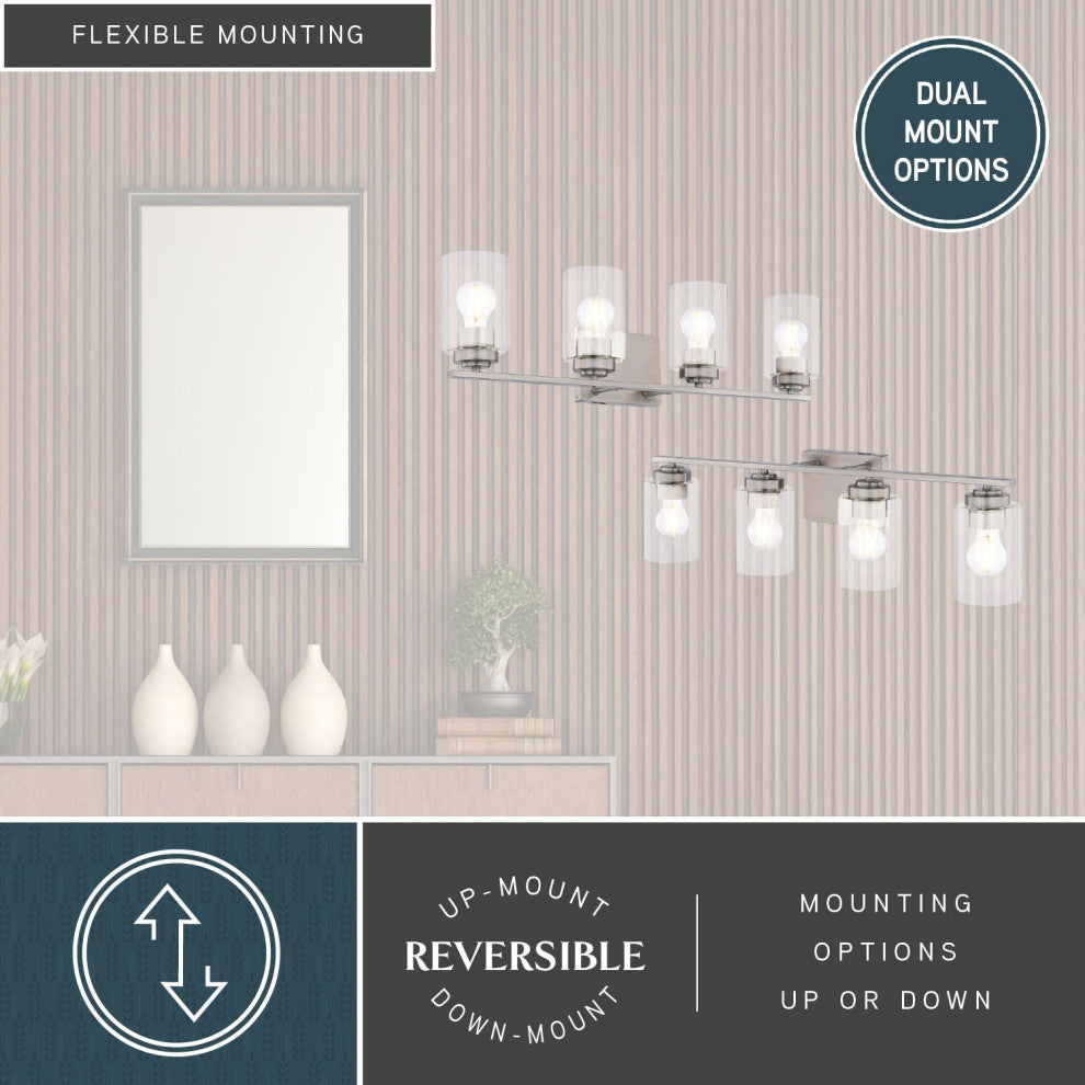 Park Ridge 4.75" 1-Light Black Bathroom Vanity Fixture, Clear Glass Shade, Satin Nickel, 4-Light