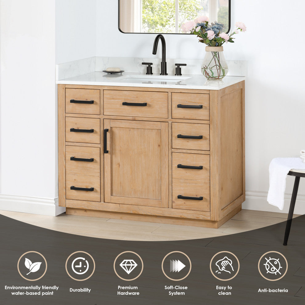 Gavino Vanity With Grain White Composite Stone Top, Light Brown/Matte Black, 42", With Mirror