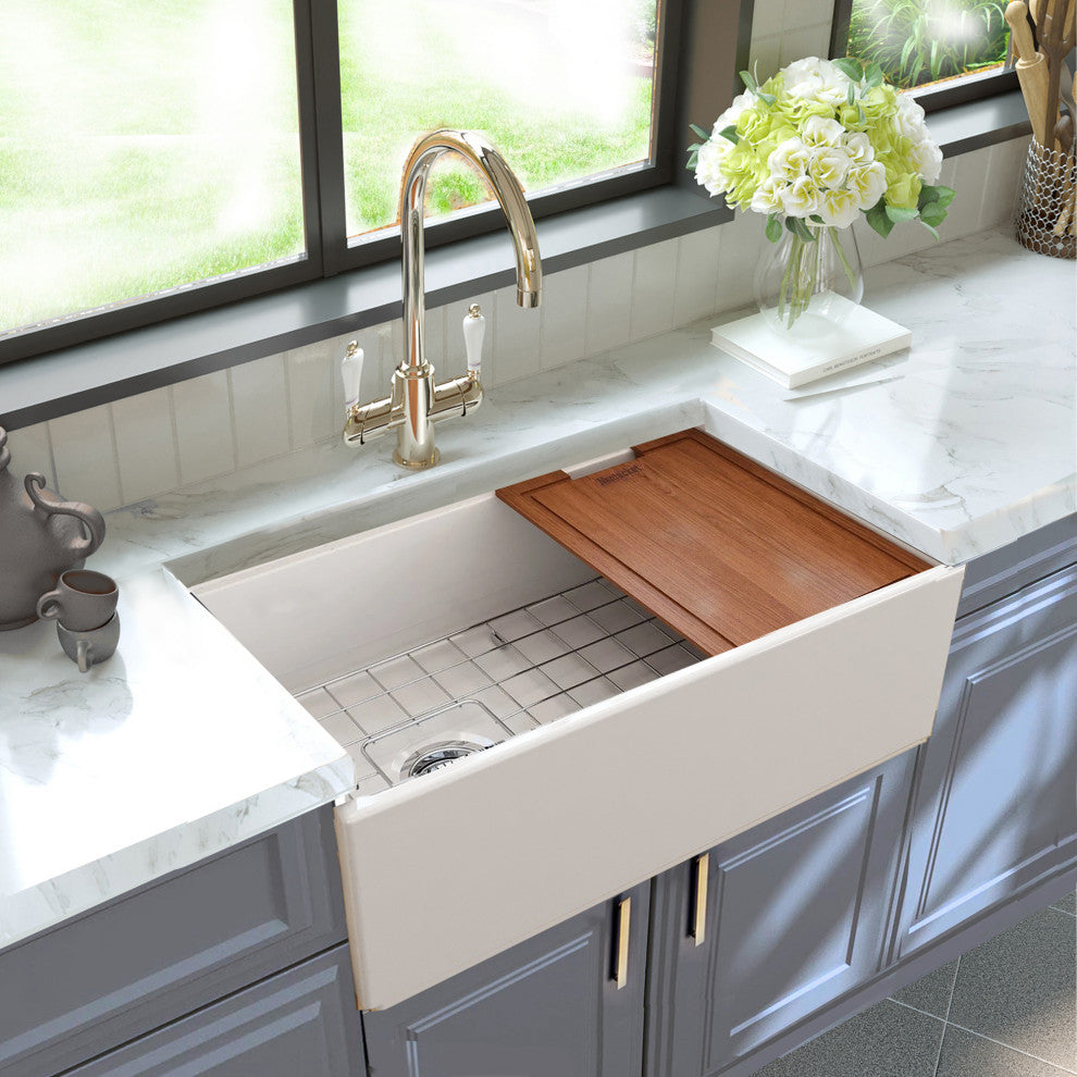 Nantucket 30" Workstation Fireclay Apron Sink Side Drain, White