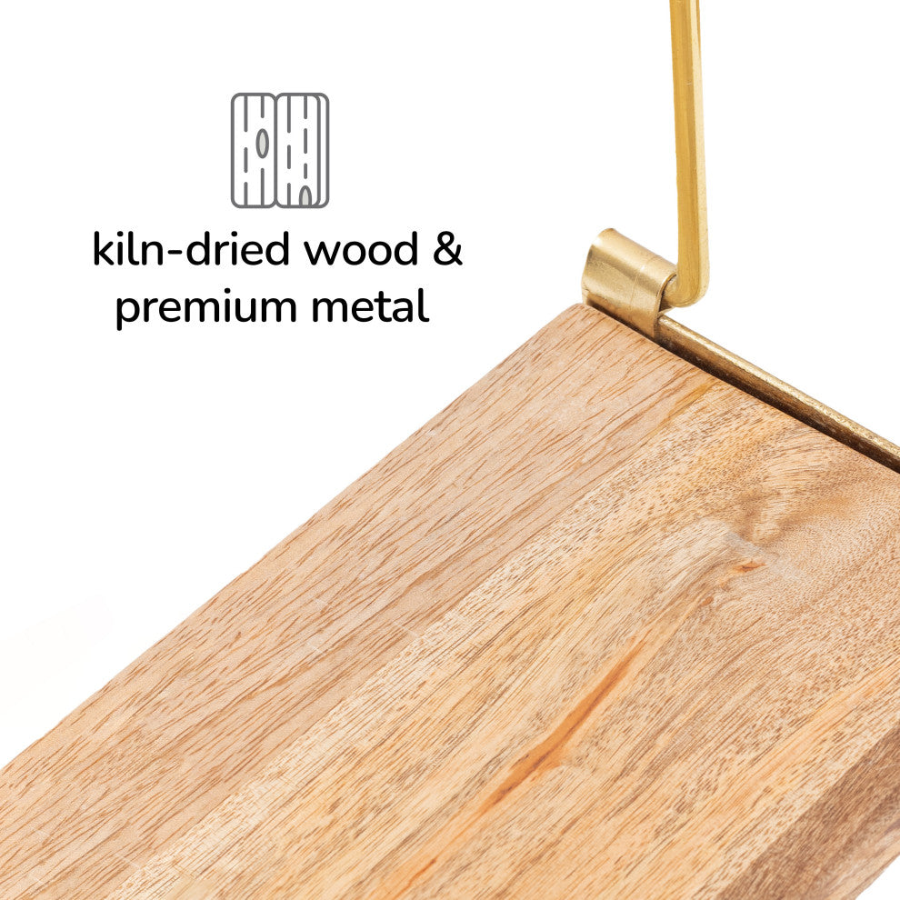 Luna Three Tier Wall Mounted Shelf, Gold, Natural Wood
