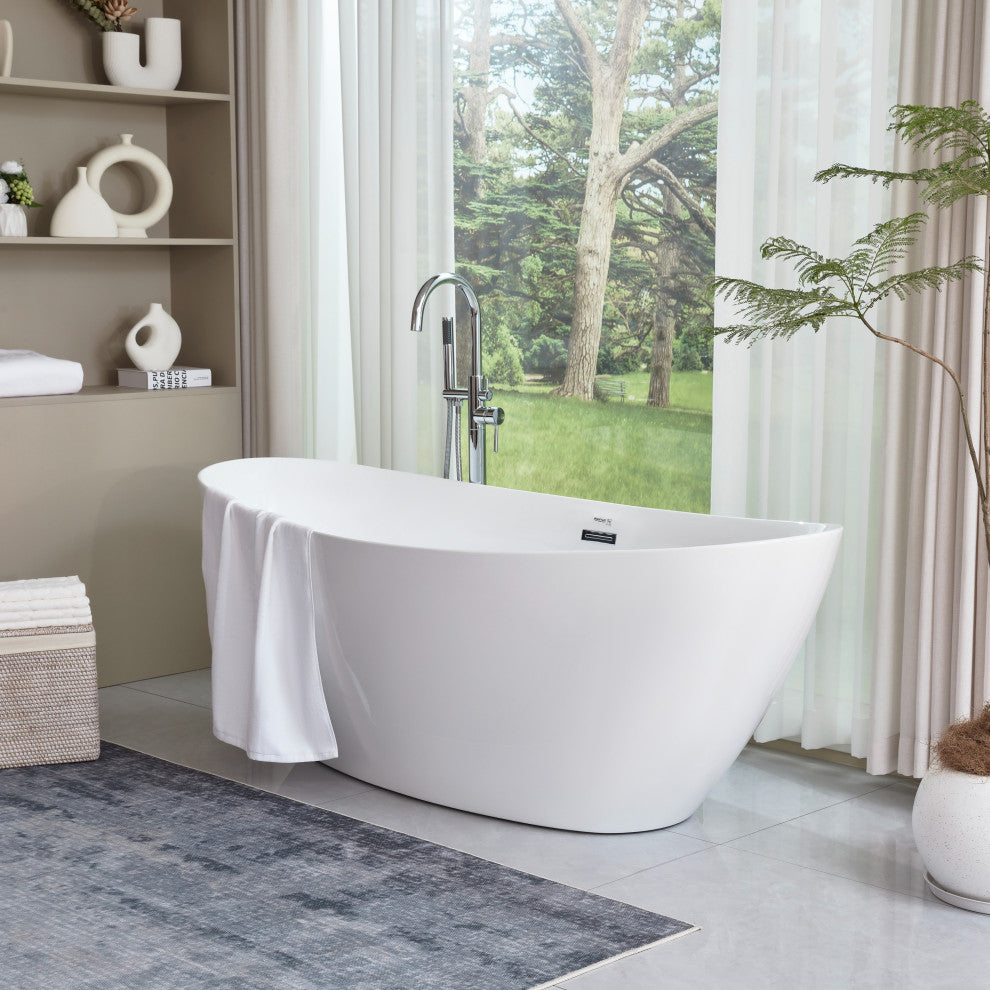 Vanity Art 71" x 33" Acrylic Freestanding Soaking Bathtub, White/Classic Chrome
