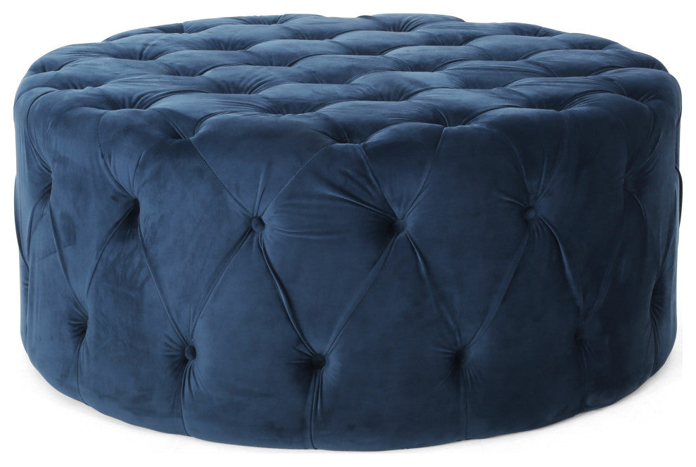 GDF Studio Limosa Round Tufted Velvet Ottoman, Blue