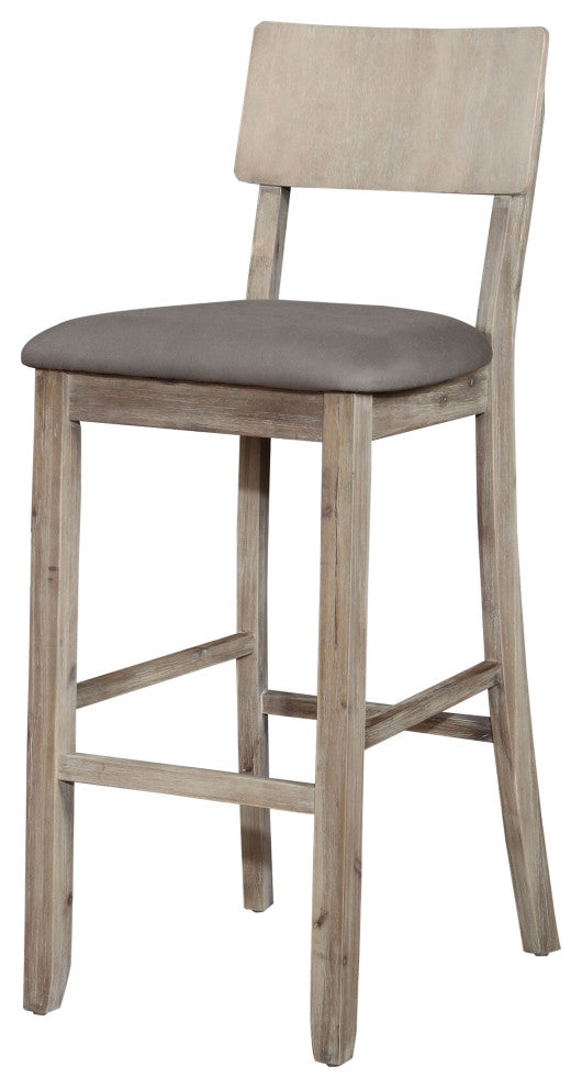Benzara Washed Wooden Bar Stool with Curved Backrest and Padded Seat, Gray