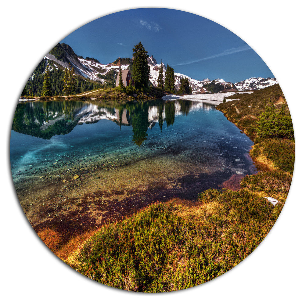 Curving Mountain Lake Shore, Landscape Art Disc Metal Wall Art, 11"