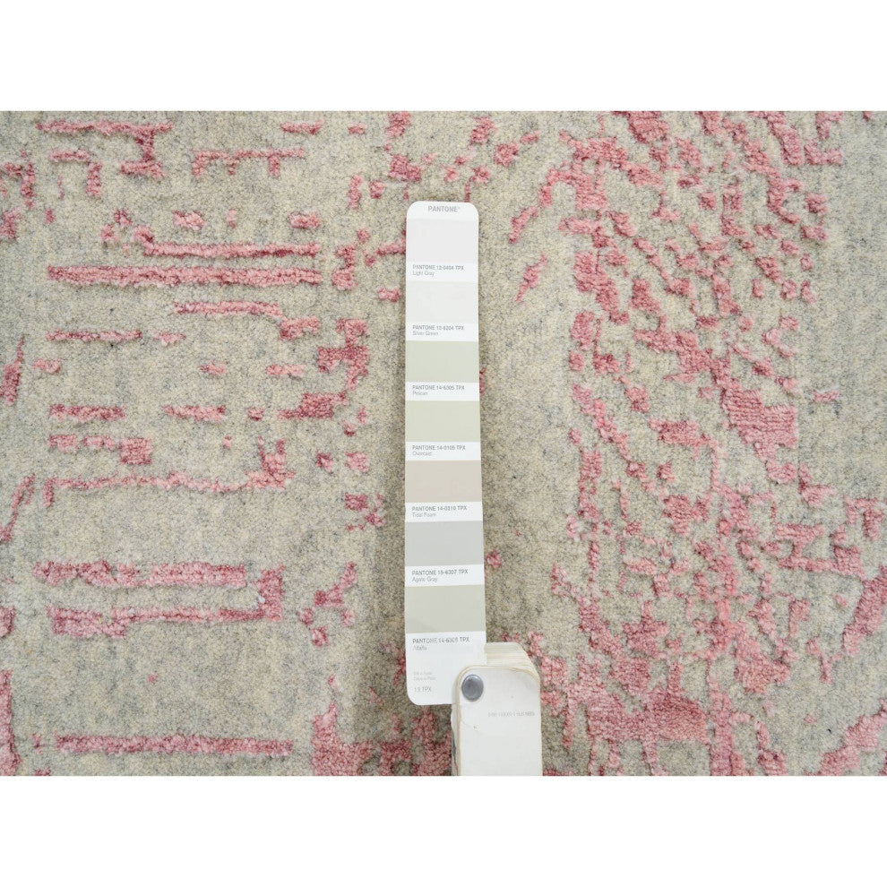 Rose Pink All Over Design Wool and Art Silk Jacquard Hand Loomed Rug, 10'x14'