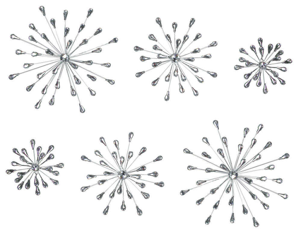 Set of 6 Metal Silver Starburst Wall Sculptures - 12", 9", 6" Diameter