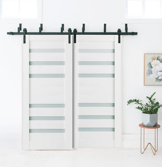 Frosted Glass Barn Bypass Doors 72 x 80, Quadro 4266 White, 6.6' Rail