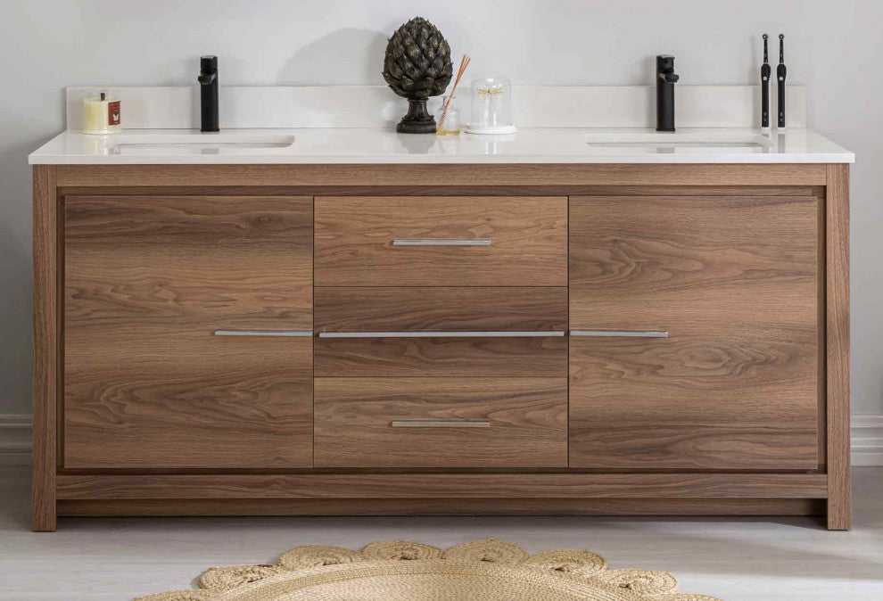 Mila Collection 72" Bathroom Vanity With Sink, Mirror, Countertop, Walnut Brown