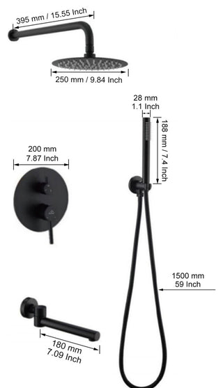 CASAINC 10" Round Wall Mounted Shower System Set Handheld Spray & Bathtub Spout, Matte Black
