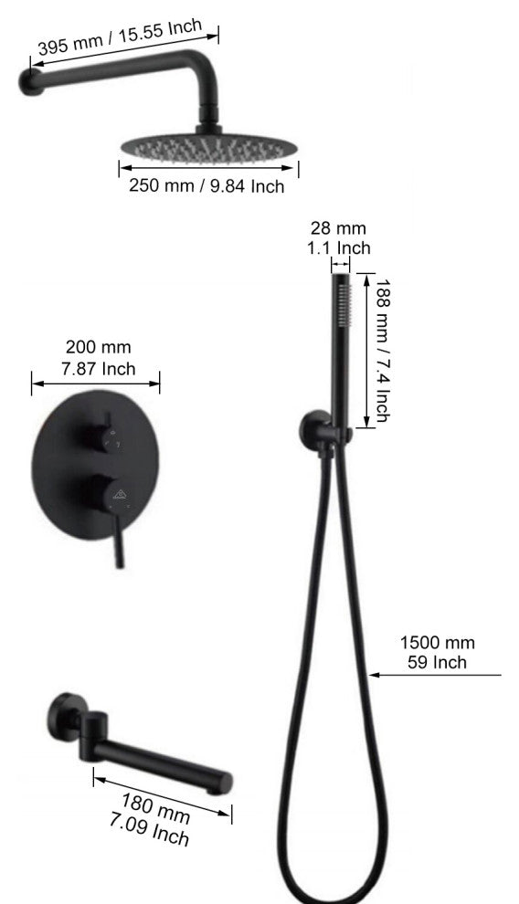CASAINC 10" Round Wall Mounted Shower System Set Handheld Spray & Bathtub Spout, Matte Black