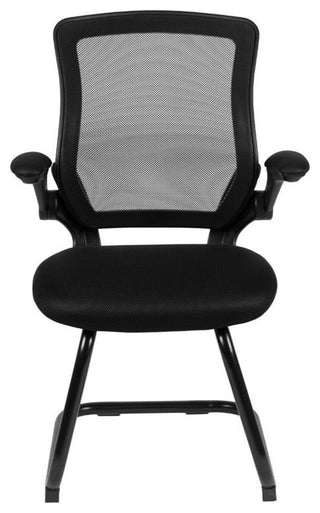 Black Mesh Sled Base Side Reception Chair With Flip-Up Arms