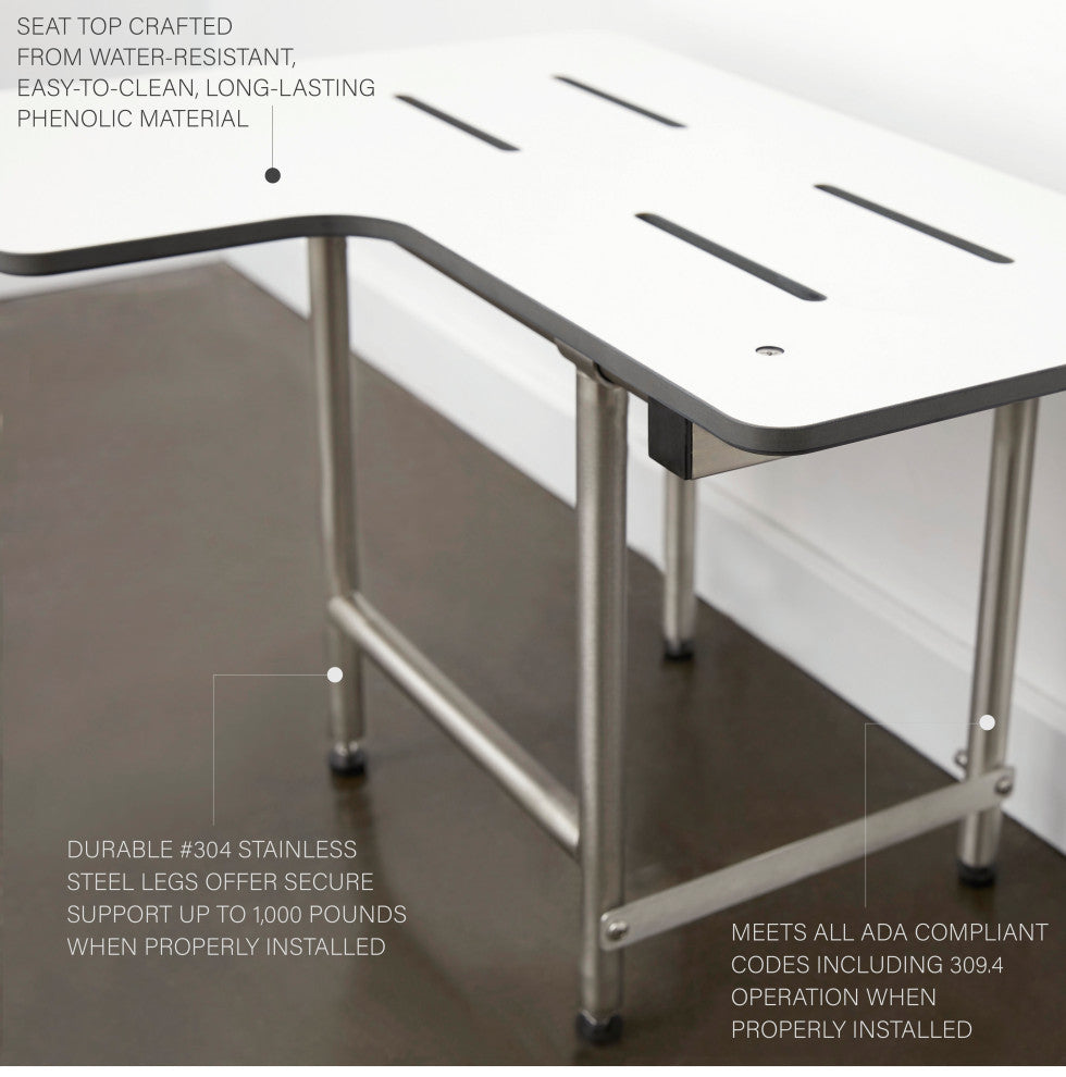 L-Shaped Reversible ADA Transfer Shower Seat w Legs, 34 Inch
