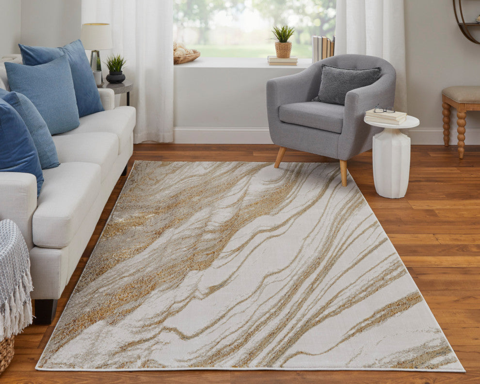 Tripoli Modern Abstract, Ivory/Taupe/Gold, 5'x8' Area Rug