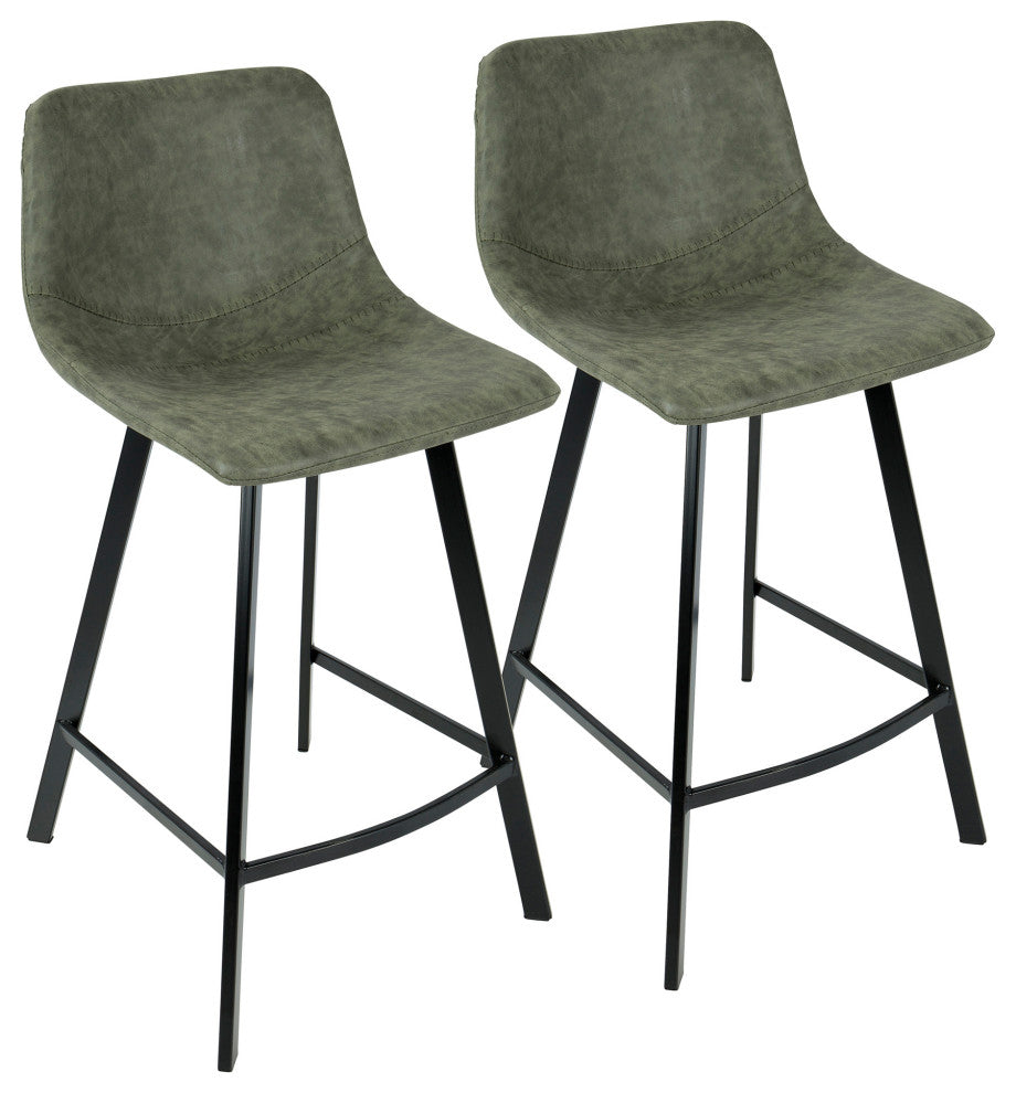 Outlaw Industrial Counter Stool, Black With Green Faux Leather, Set of 2