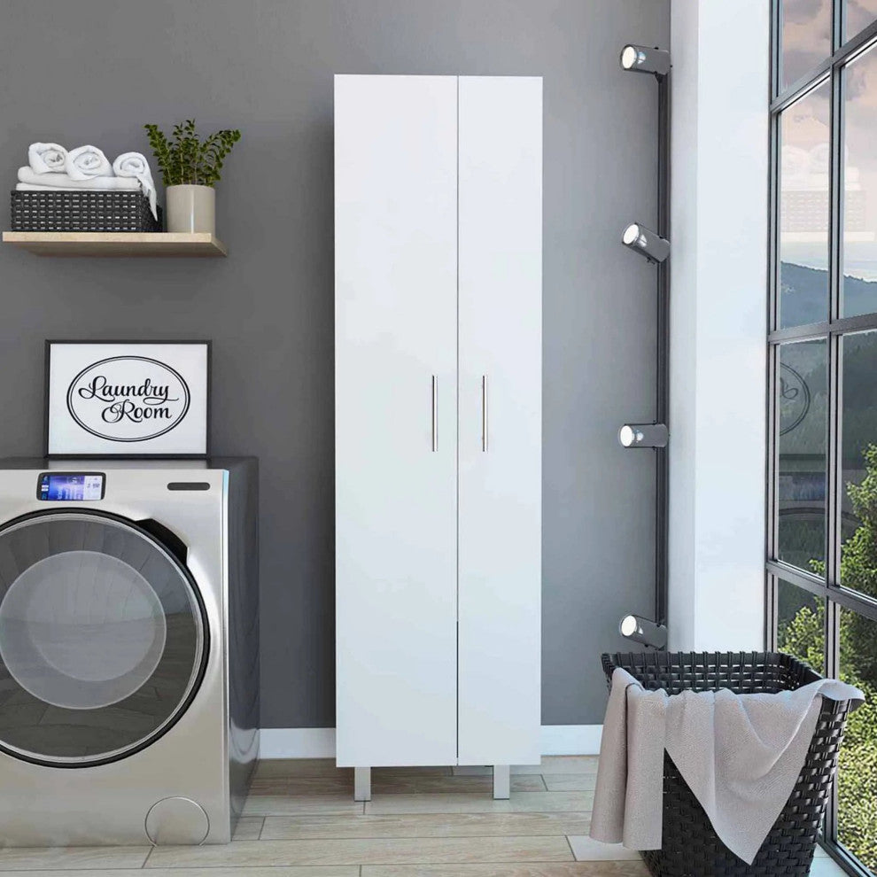 Modern Pantry Cabinet, Doors With Chrome Handles & Multiple Inner Shelves, White