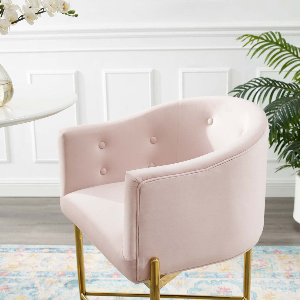 Tufted Counter Stool Chair, Velvet, Metal, Pink, Bar Pub Cafe Bistro Restaurant