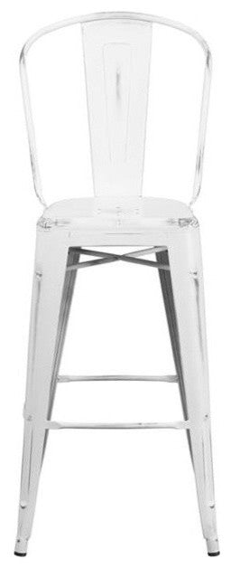 Commercial Grade 30"High Distressed White Metal Indoor-Outdoor Barstool, Back