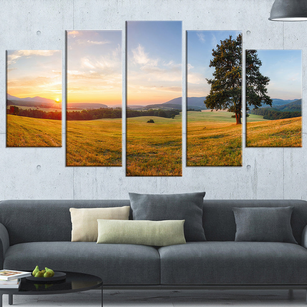 "Lonely Tree on Meadow at Sunset" Landscape Photo Wall Art, 5 Panels, 60"x32"
