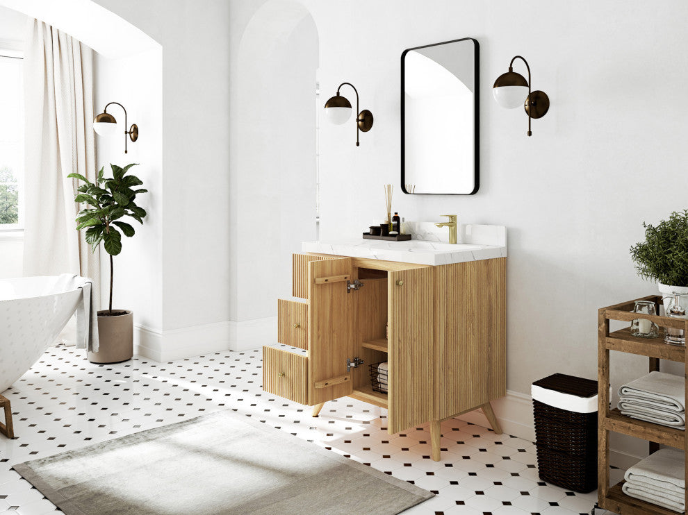 Pasadena 36 Right Offset  Bath Vanity in Light Natural Teak 2" Empira White