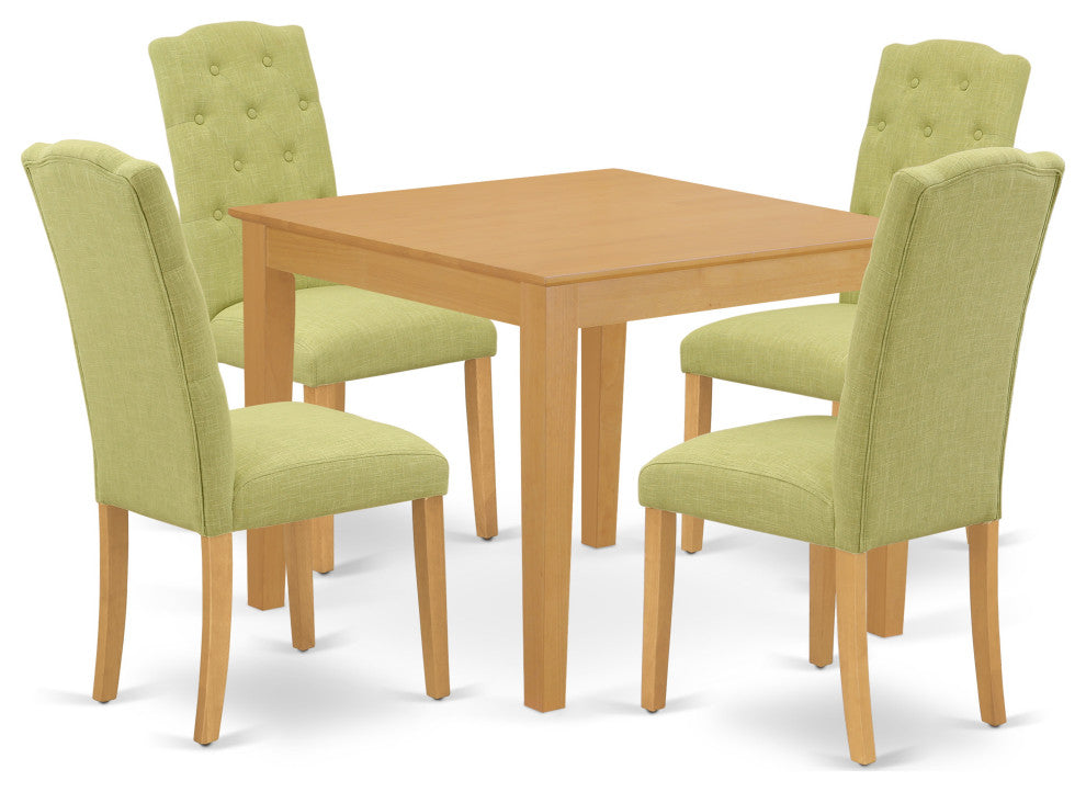 5Pc Dining Set, Square Table, Four Parson Chairs, Lime Green Fabric, Oak Finish