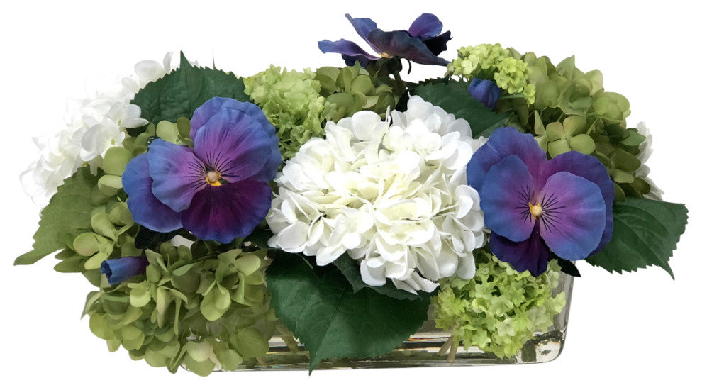 Hydrangrea Mix with Blue Pansies in Rectangle Vase