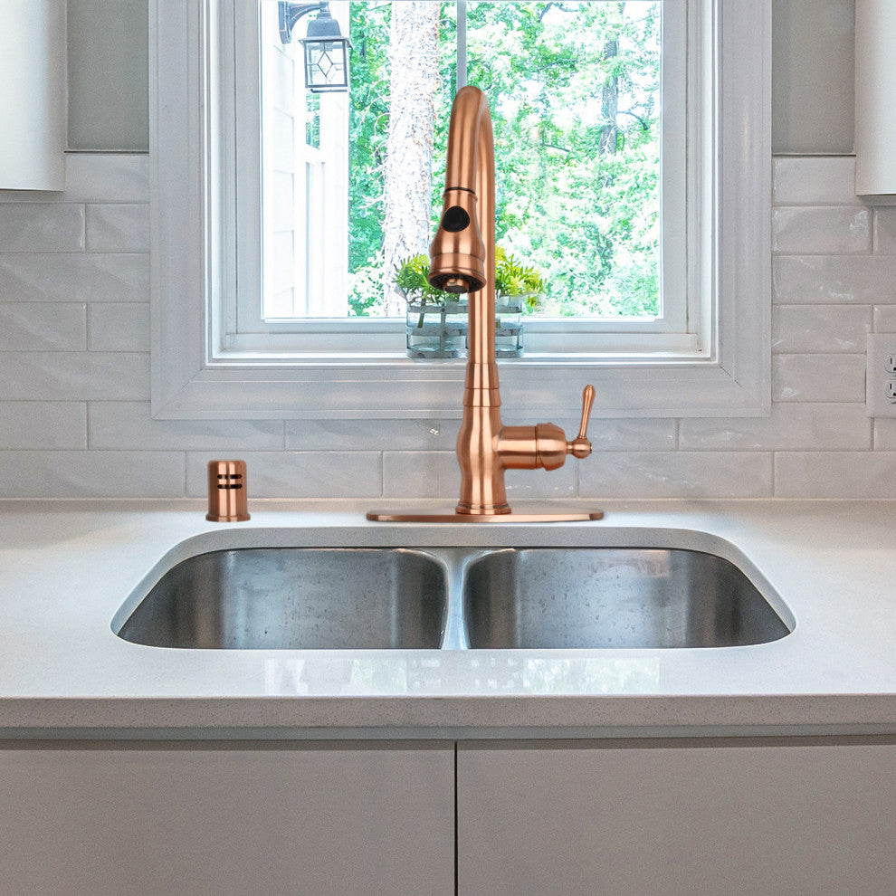 Pull Down Kitchen Faucet With Deck Plate, Single Level Solid Brass Sink Faucets,