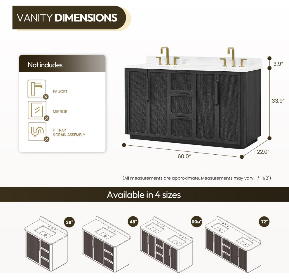 Busan Bath Vanity, Quartz Top No Mirror, Oak Classic Black, 60", Double Vanity