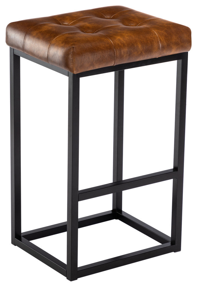 Button Tufted Open Frame Counter Stools, Yellowish Brown, 30 Inch