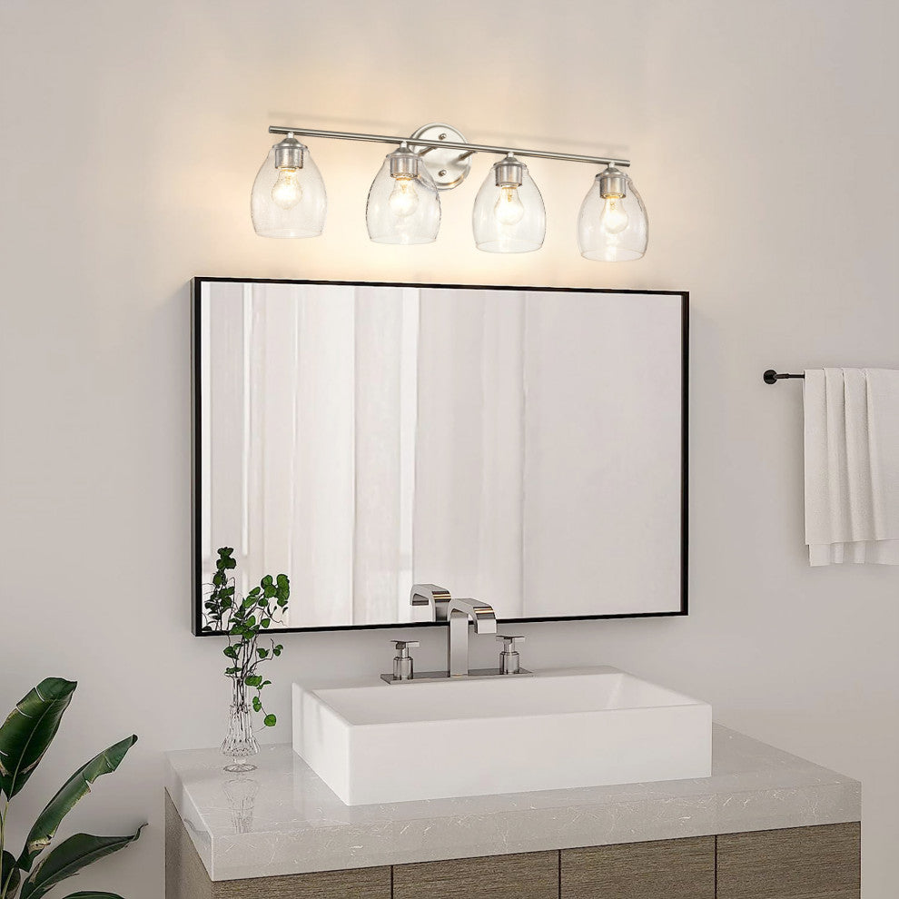 30 in. 4-Light Brushed Nickel Vanity Light With Bell-shaped Seedy Glass Shades